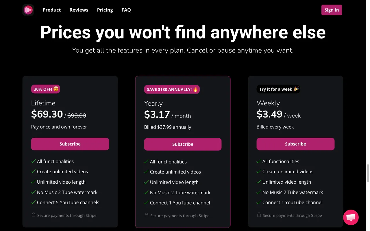 Music 2 Tube — pricing page