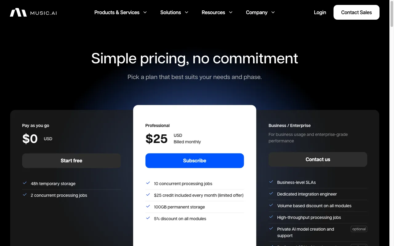 Music.AI — pricing page