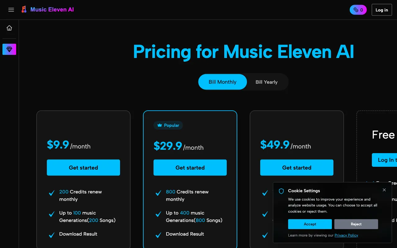 Music Eleven AI — pricing page