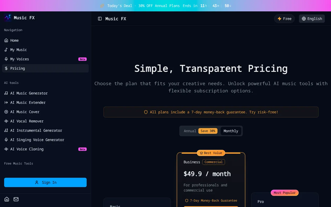 Music FX — pricing page