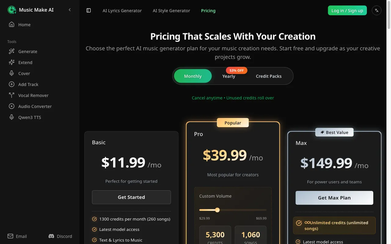 Music Make AI — pricing page