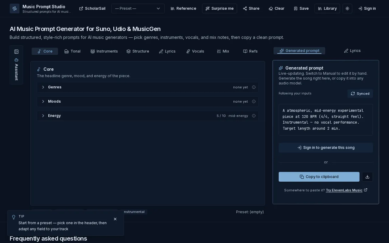 Music Prompt Studio — preview screenshot
