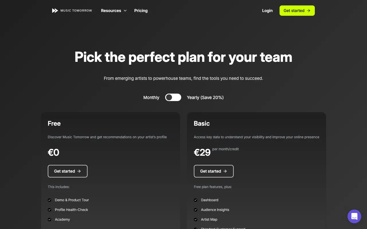 Music Tomorrow — pricing page