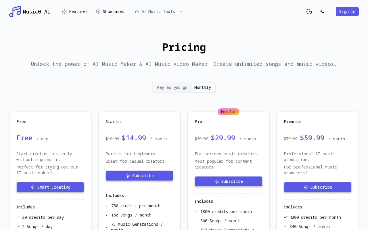 music0 AI — pricing page