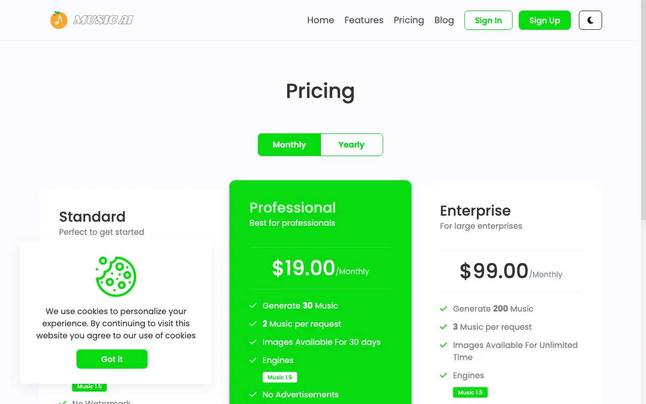 MusicAI — pricing page