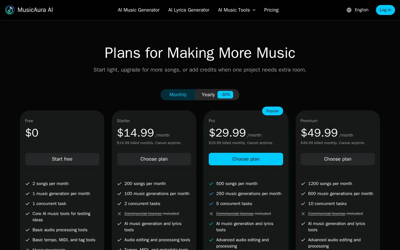 MusicAura AI — pricing page