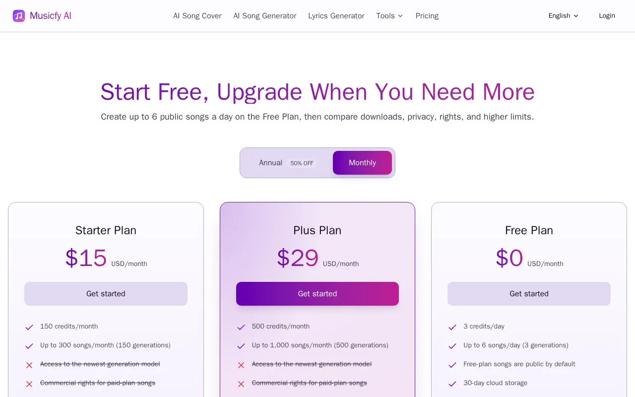 Musicfy AI — pricing page