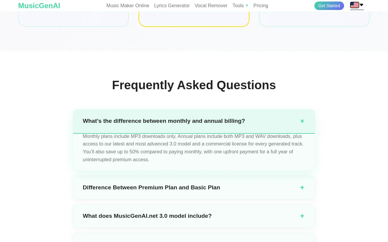 MusicGenAI — pricing page