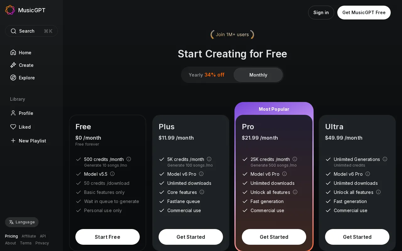 MusicGPT — pricing page