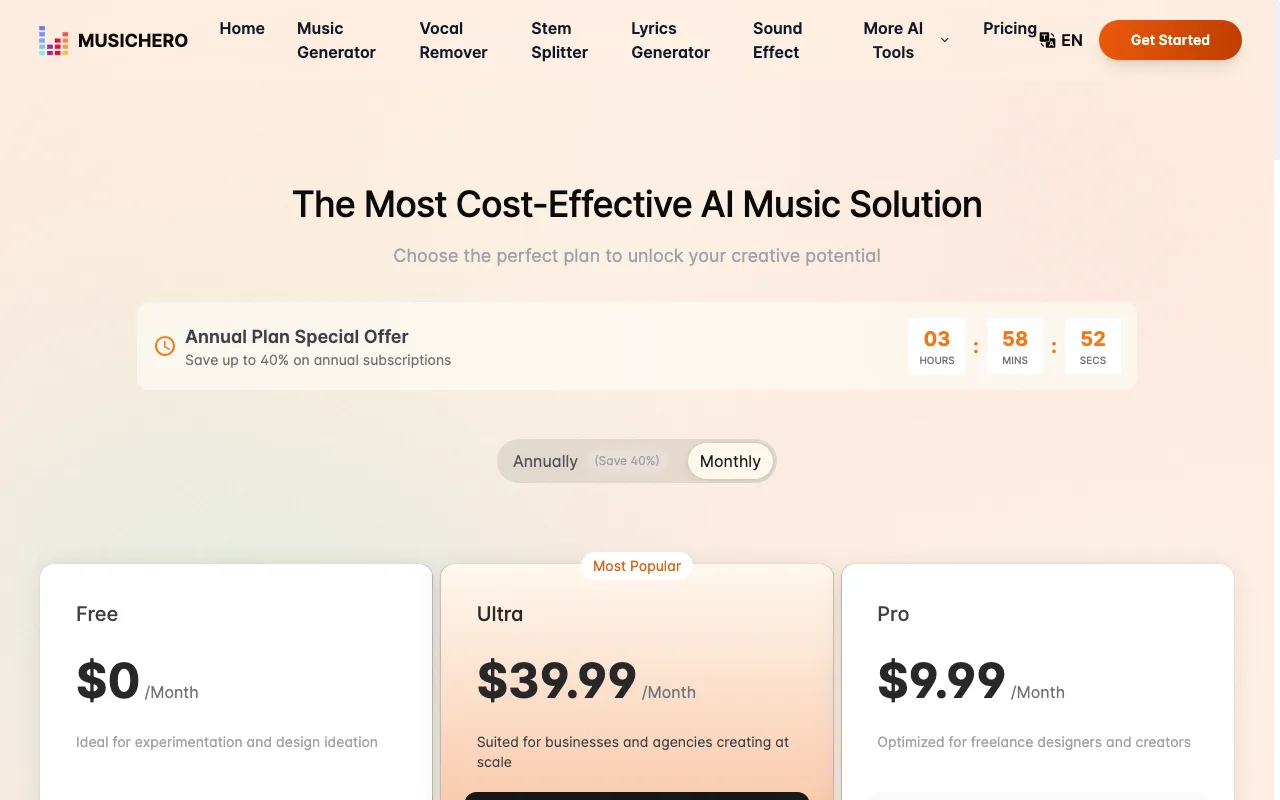 MusicHero.ai — pricing page