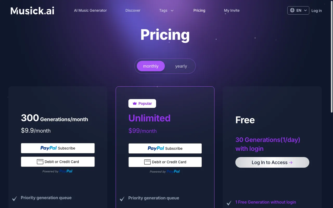 Musick AI — pricing page