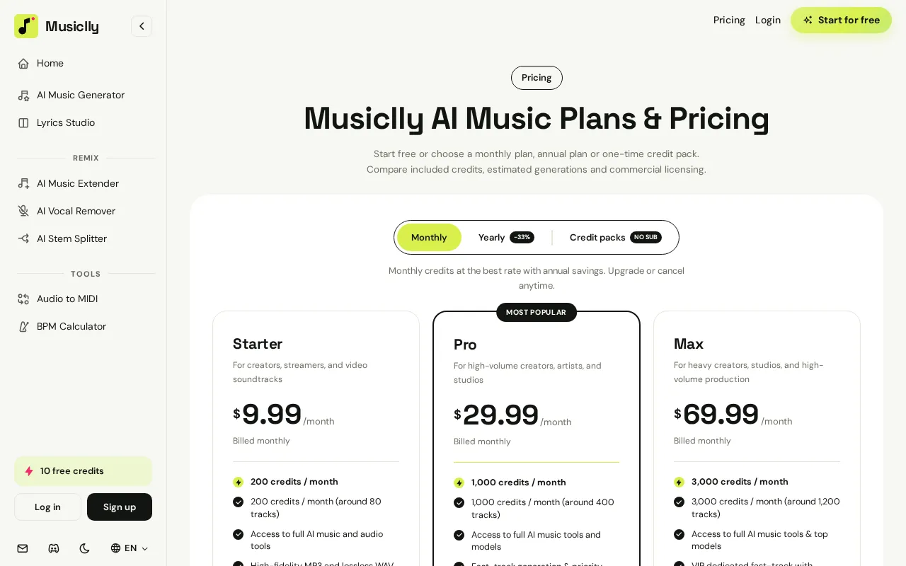 Musiclly — pricing page