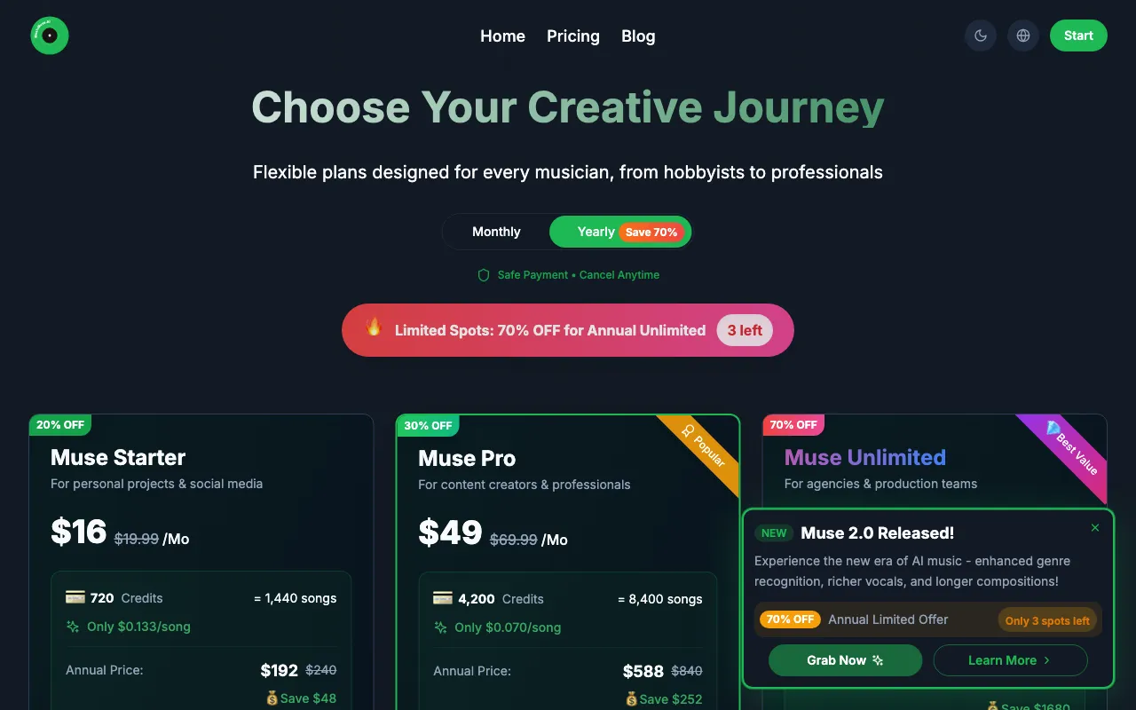 Music Muse AI — pricing page