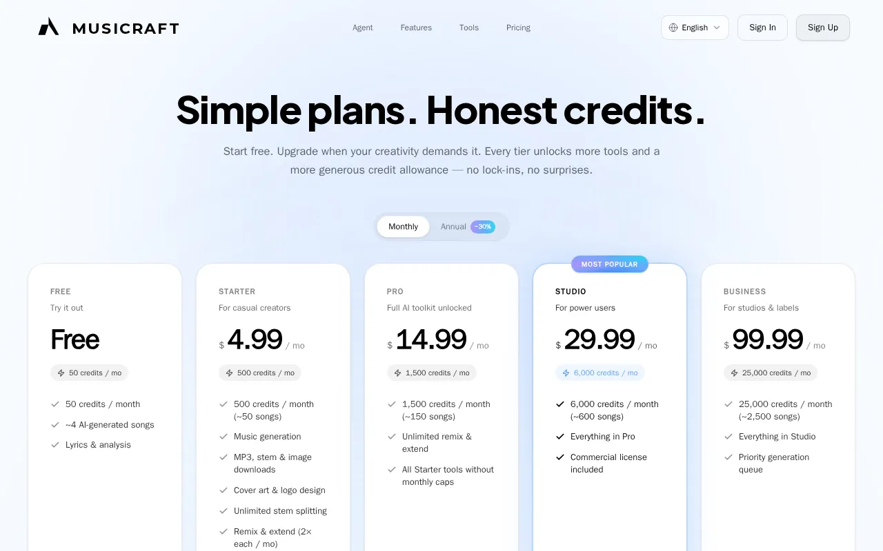 MusiCraft AI — pricing page