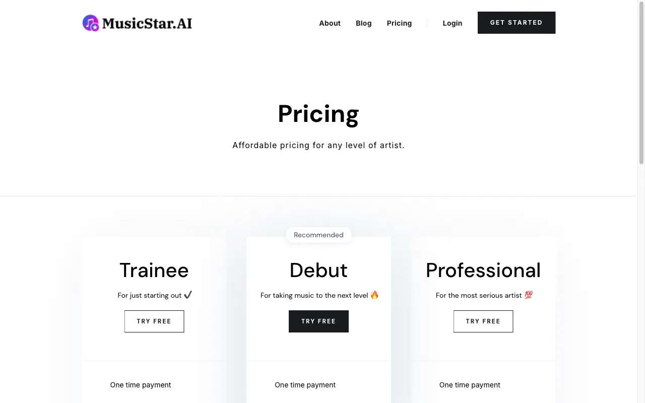 MusicStar.AI — pricing page
