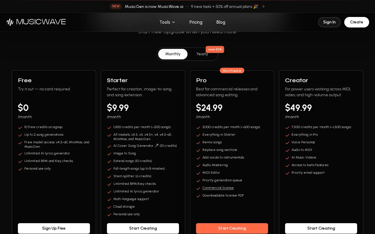 MusicWave — pricing page