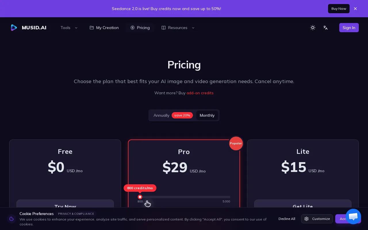 Musid AI — pricing page