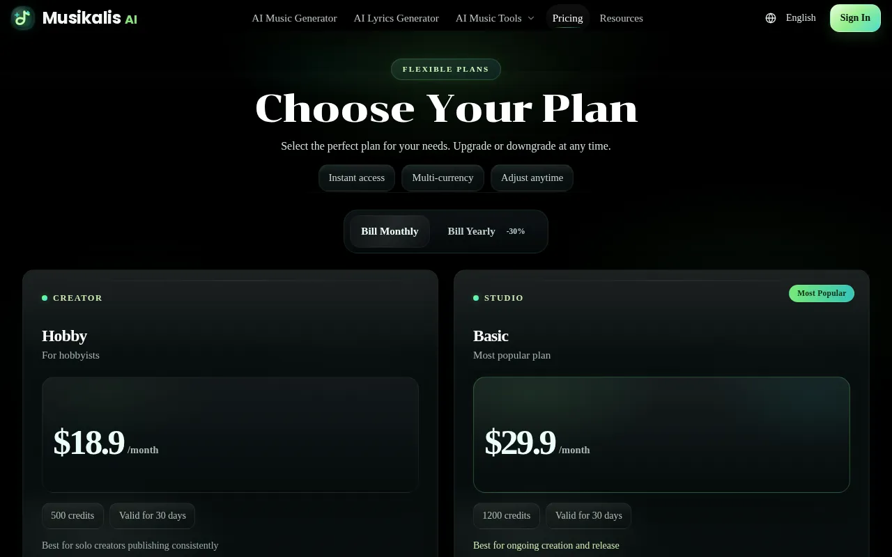 Musikalis AI — pricing page