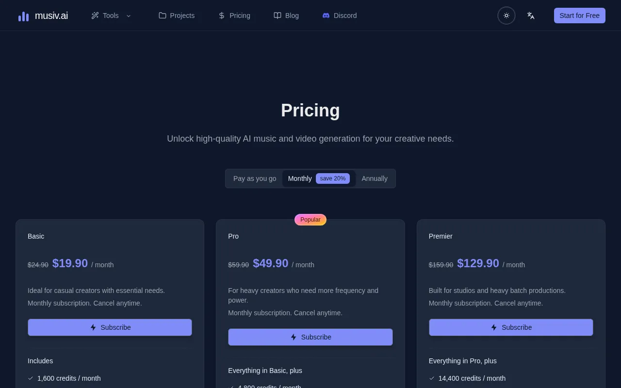 Musiv — pricing page