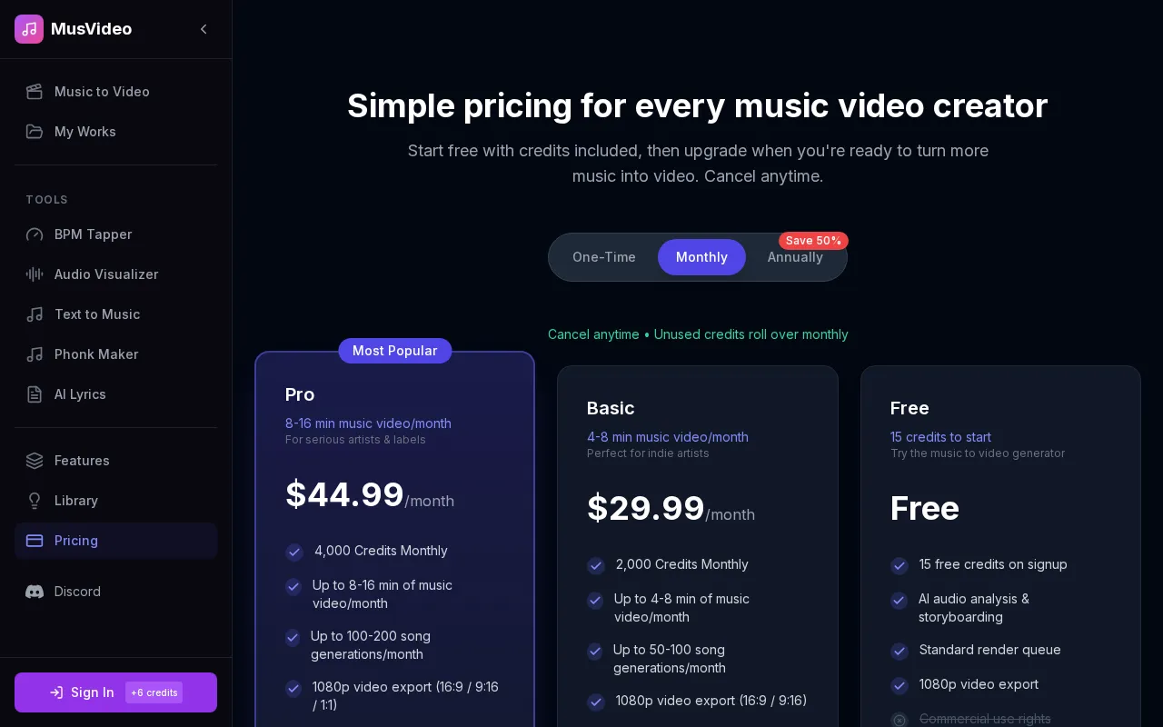 MusVideo — pricing page