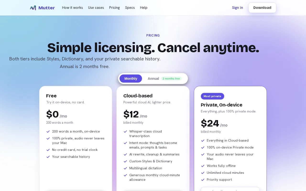 Mutter AI Dictation — pricing page