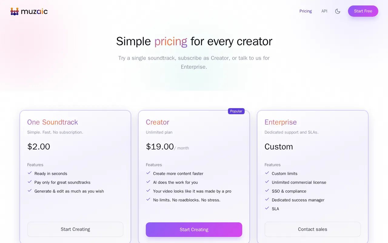 Muzaic — pricing page