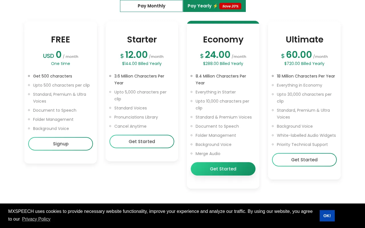 Mxspeech — pricing page