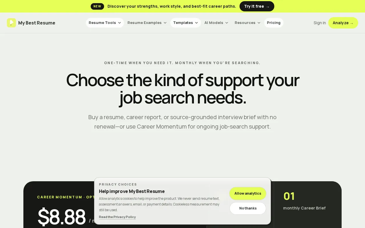 My Best Resume — pricing page