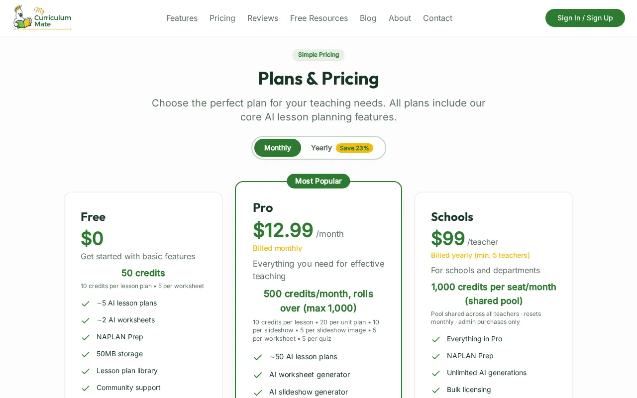 My Curriculum Mate Australia — pricing page