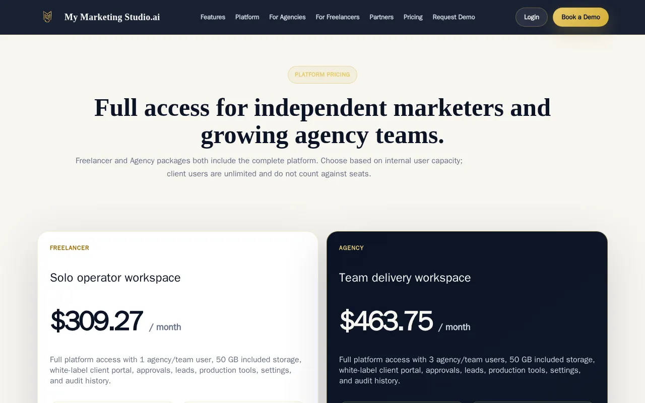 My Marketing Studio.ai — pricing page