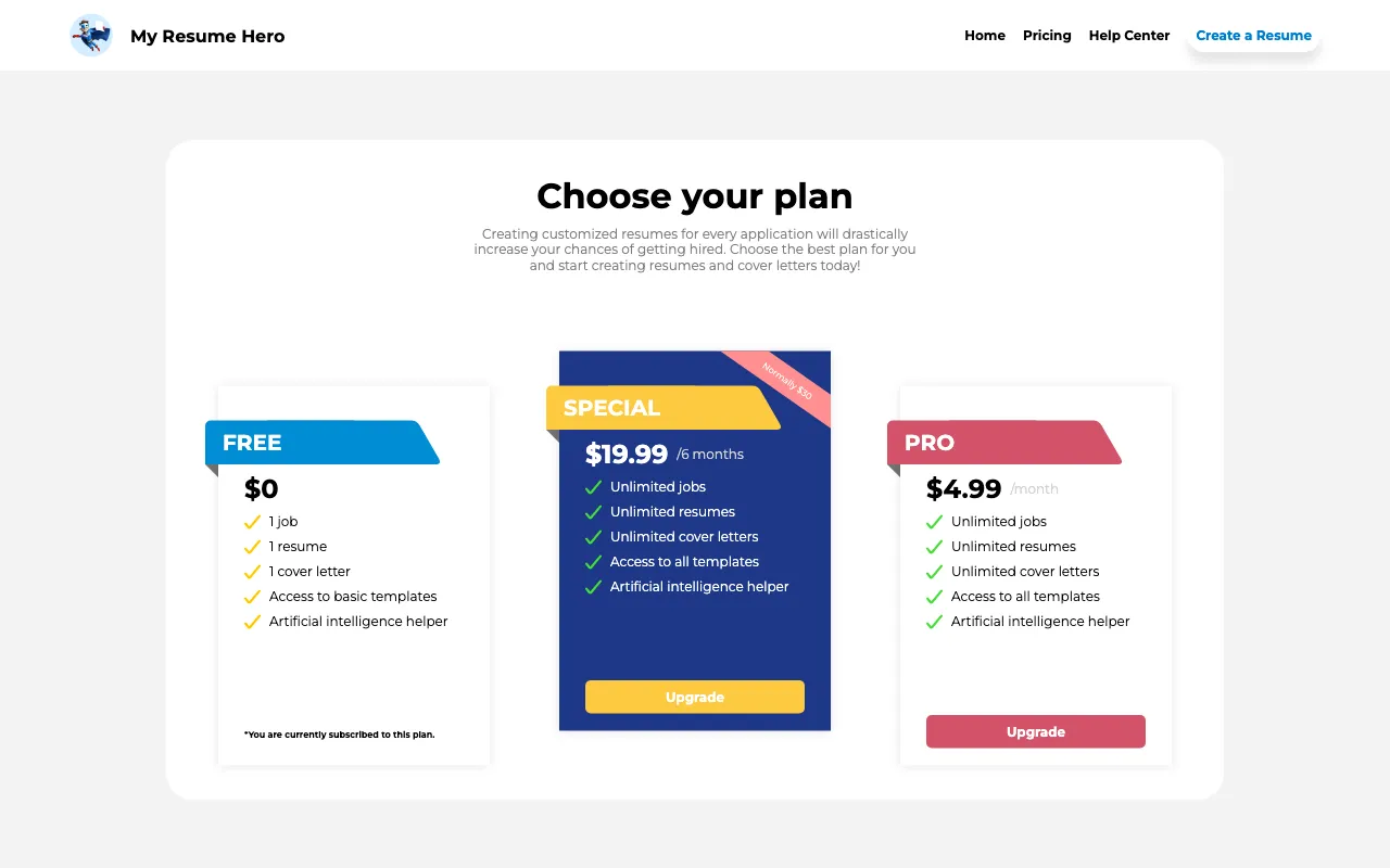 My Resume Hero — pricing page