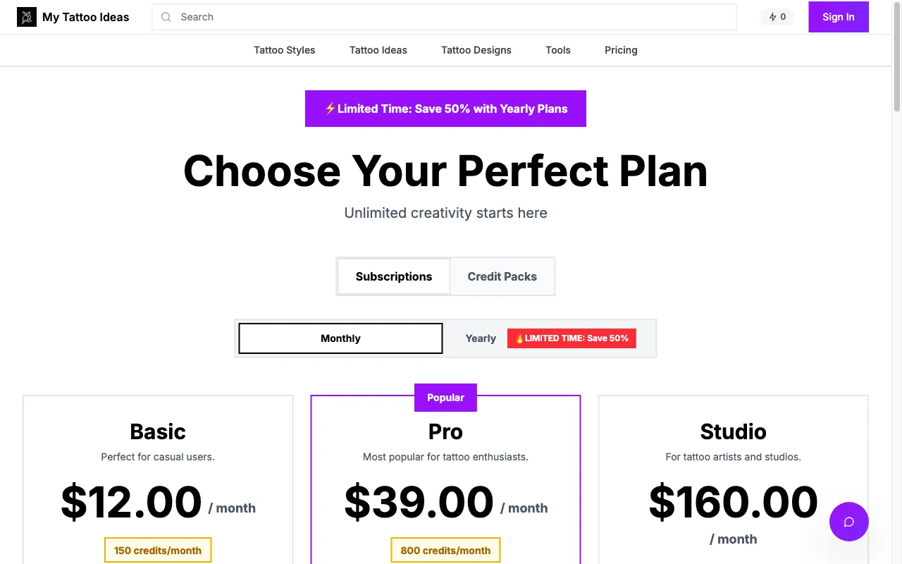 My Tattoo Ideas — pricing page