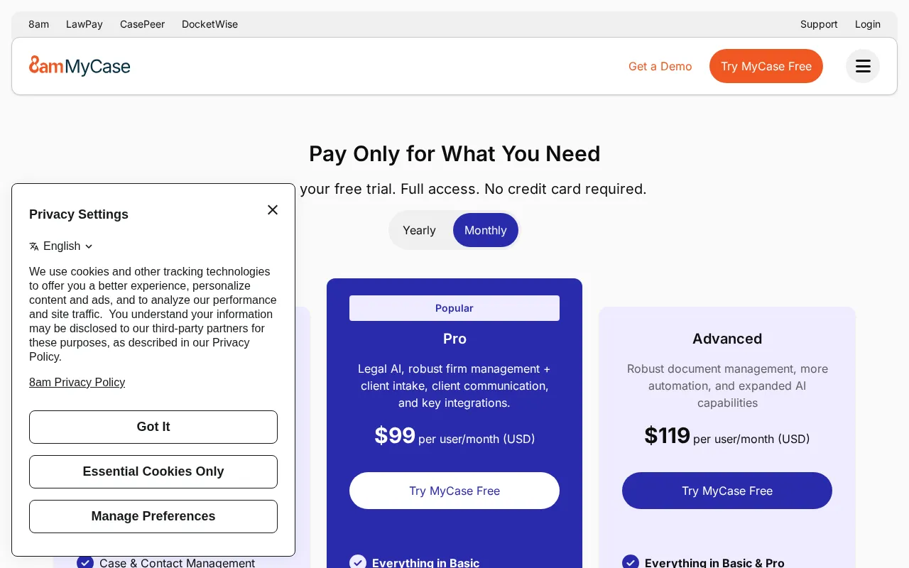 Mycase — pricing page