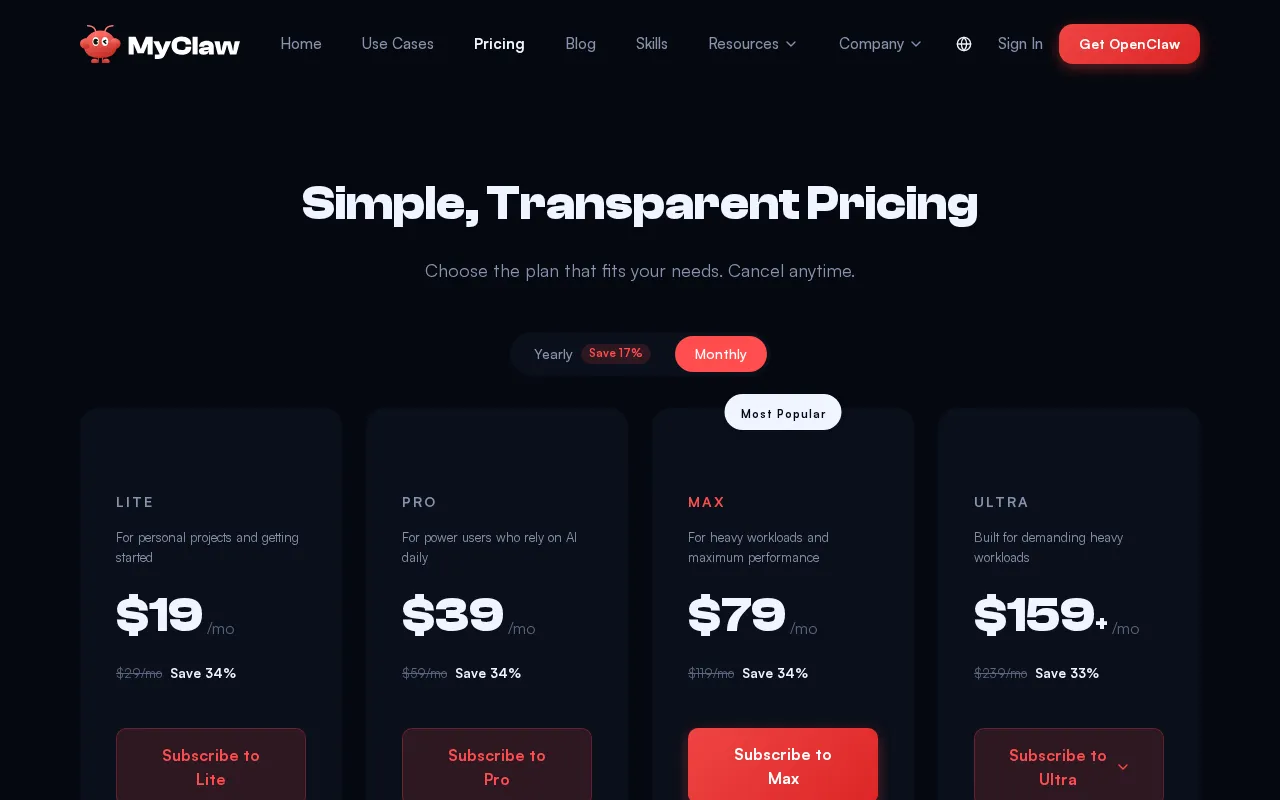 MyClaw — pricing page