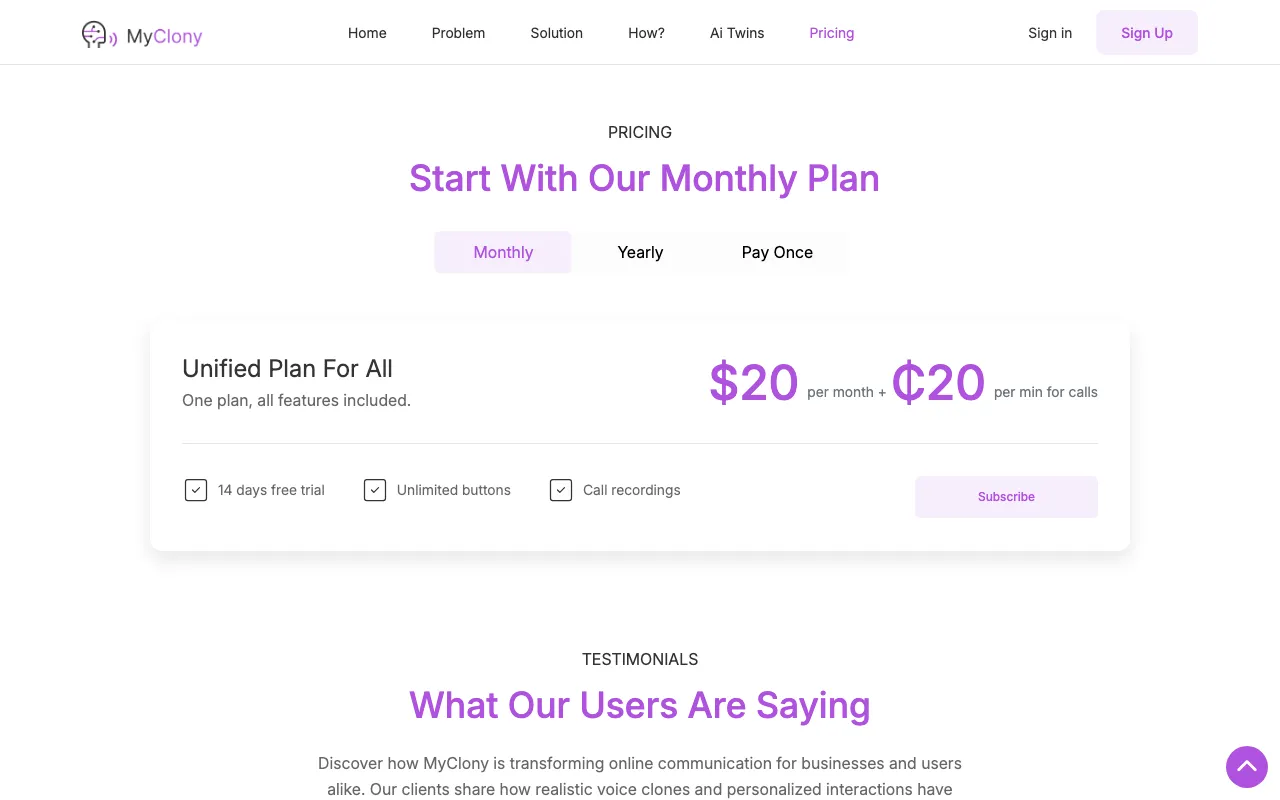 MyClony — pricing page