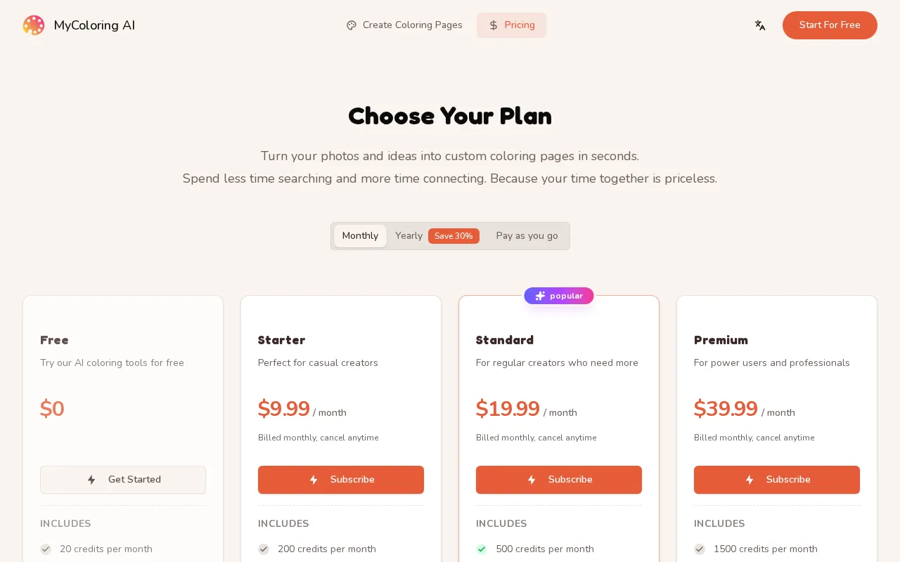 MyColoring.AI — pricing page
