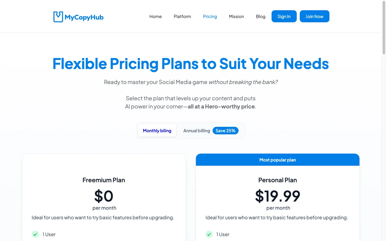 MyCopyHub — pricing page