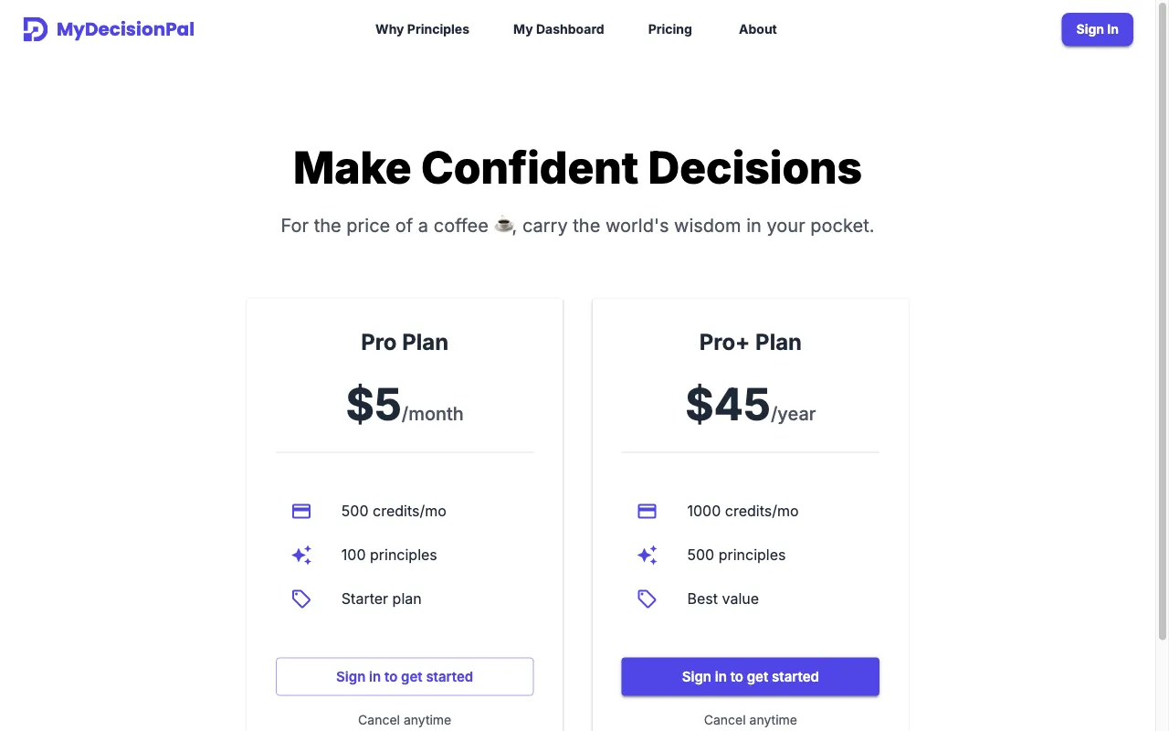 My Decision Pal — pricing page