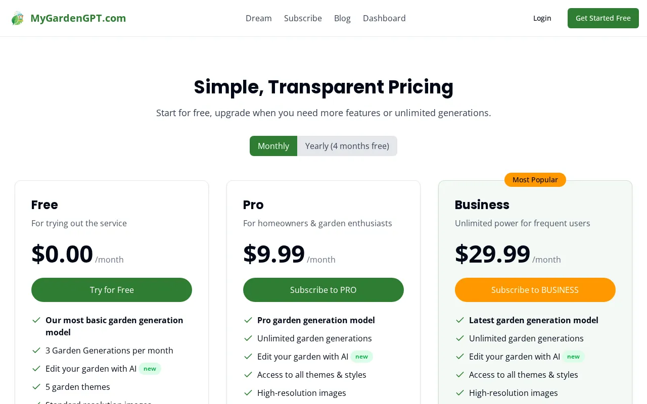 Mygardengpt — pricing page