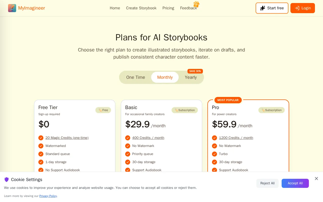 MyImagineer — pricing page