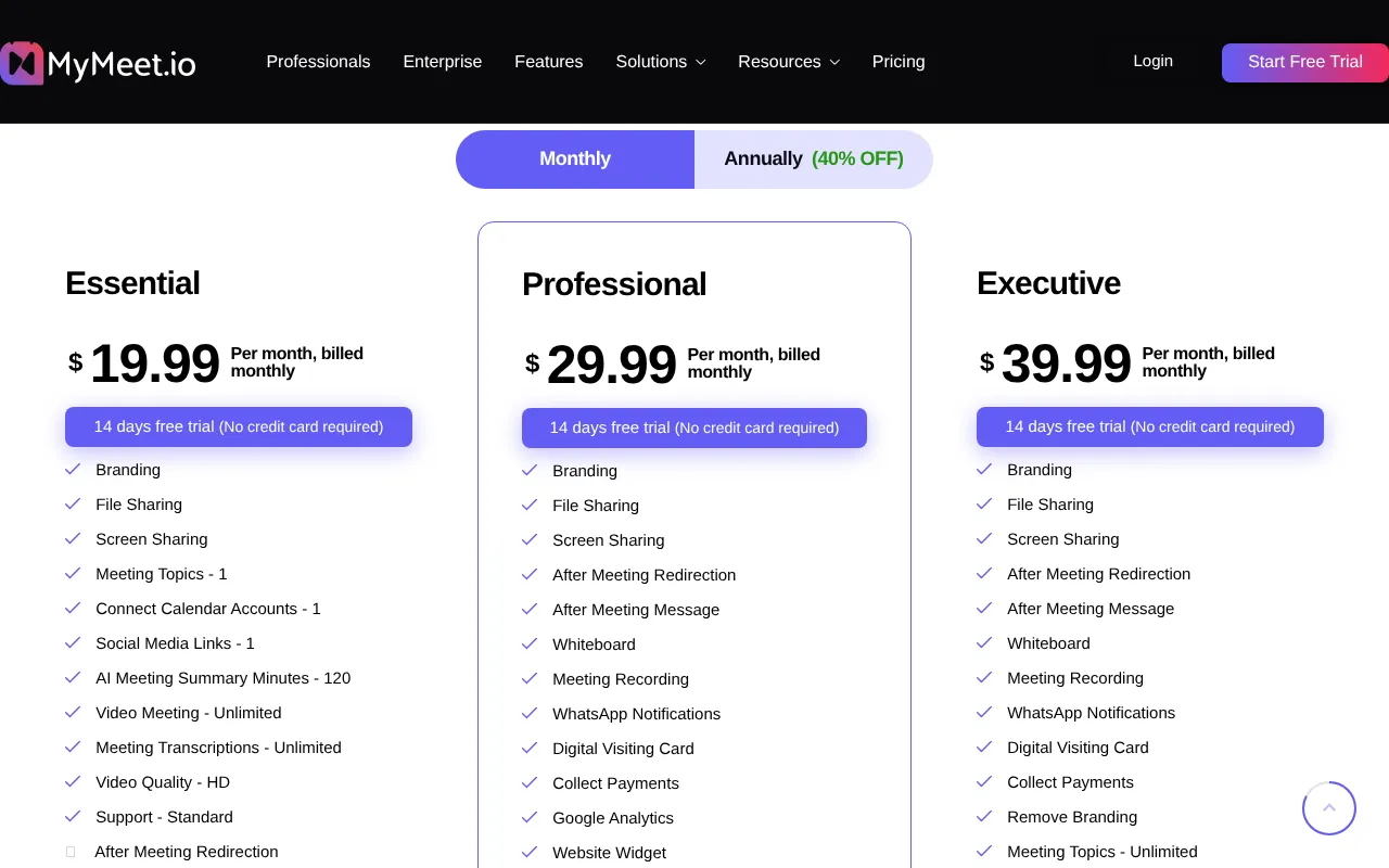 MyMeet.io — pricing page