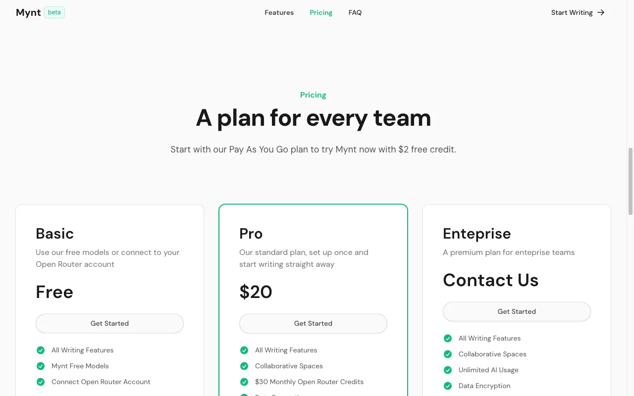 Mynt — pricing page