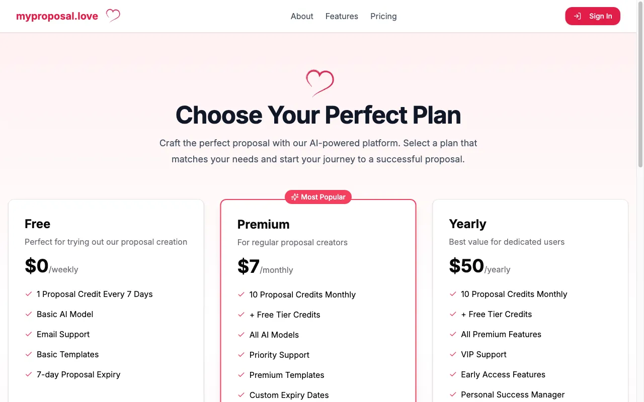myproposal.love — pricing page