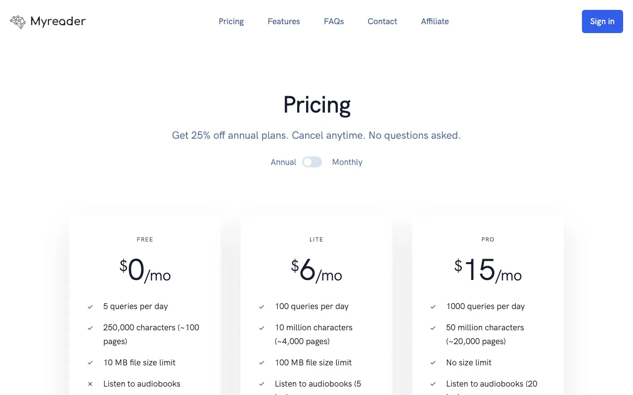 Myreader AI — pricing page