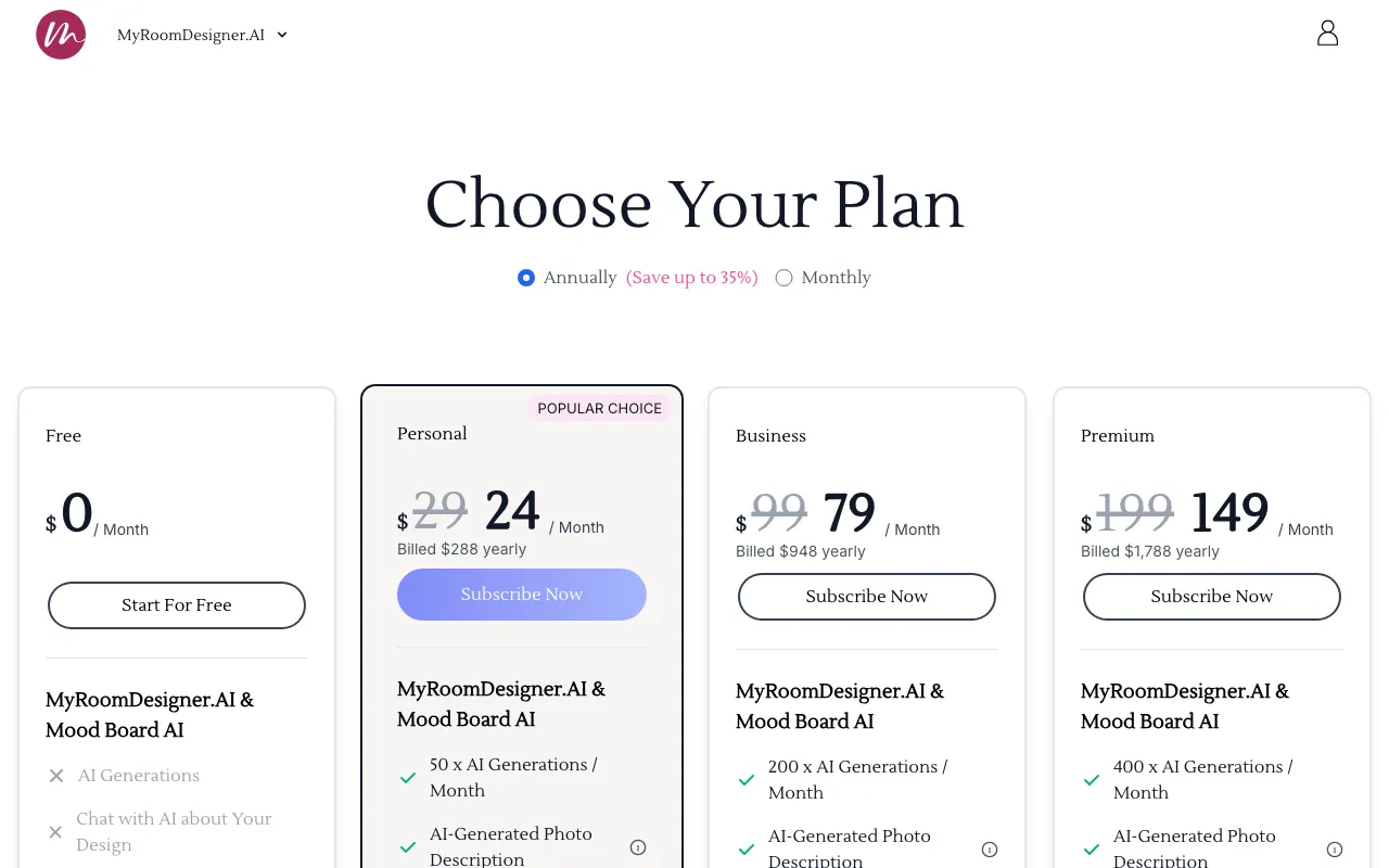 MyRoomDesigner.ai — pricing page