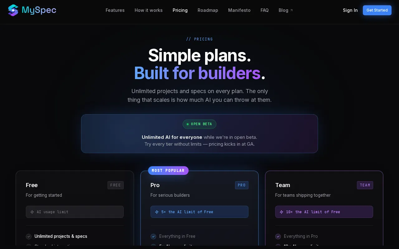 MySpec — pricing page
