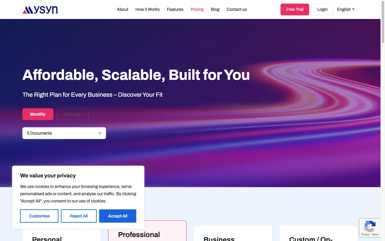 MySyn — pricing page