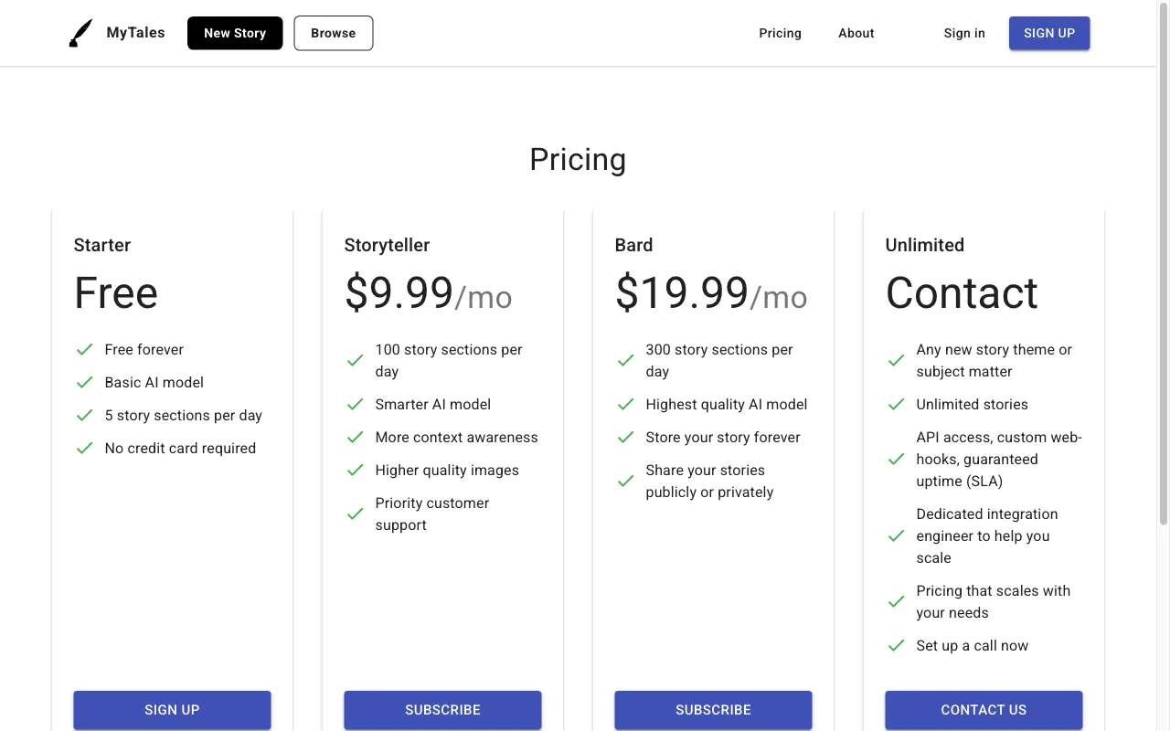 MyTales — pricing page