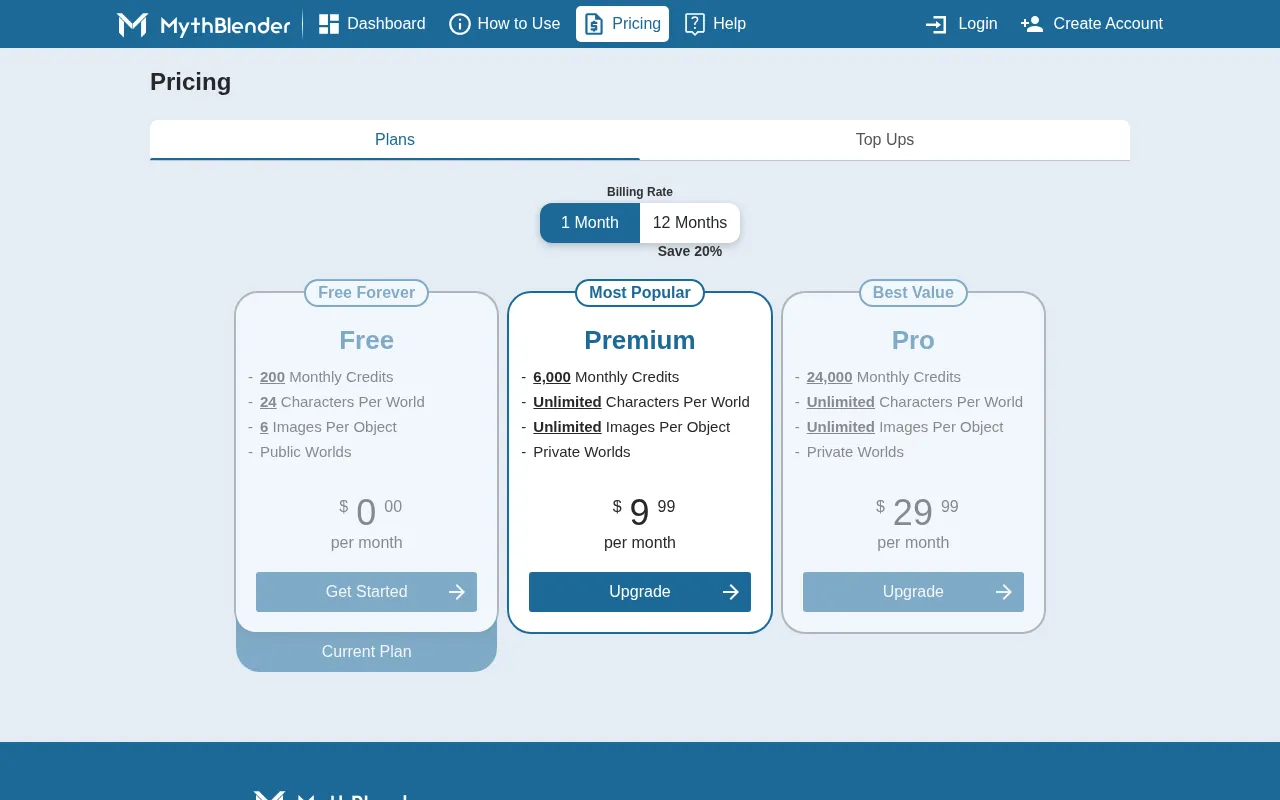 MythBlender — pricing page