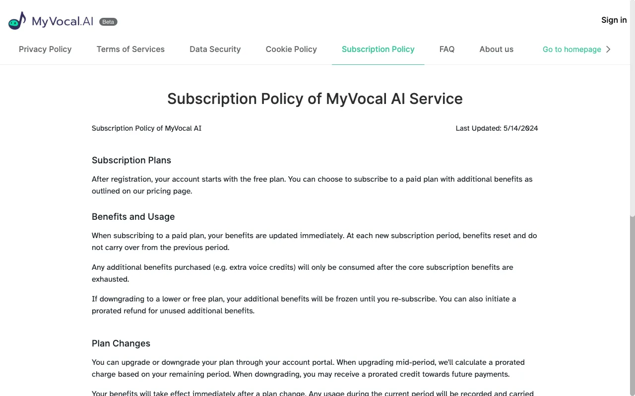 MyVocal Voice Synthesizer — pricing page